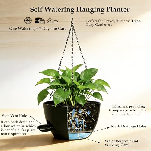 12 Inch Self Watering Hanging Planters, Black, 2 Pack - color: Black