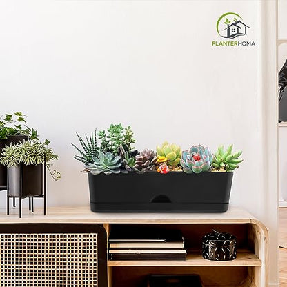 5 Pack Window Boxes Planters 16 Inches Rectangular Planter Herb Planter Boxes Large Plastic Flower Pots Rectangle Black Planter Outdoor and Indoor Succulent Window Sill Planter Self Watering Pots