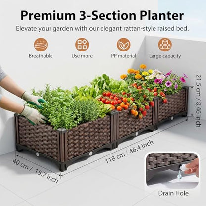3 Planter Boxes Rectangular Raised Garden Bed Kit Indoor Outdoor Plastic Planter Grow Box for Fresh Vegetables, Herbs, Flowers & Succulents, Brown, 46.4'' X 15.7'' X 8.46''