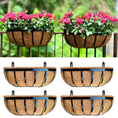 LaLaGreen Deck Railing Planter Boxes (16 Inch, 4 Pack) Black Metal Rectangular Hanging Planters with Coco Liner, Adjustable Flower Planter Box Brackets for Plants Fence Balcony Patio Porch Over Rail - size: 16" (41cm) x 4 pack