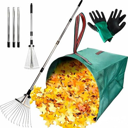 Adjustable Leaf Rake & 53 Gallon Bag, 33-68" Extendable Telescoping Yard