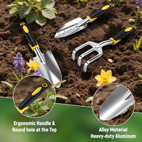 Garden Tool Set, 3 Pack Aluminum Heavy Gardening Kit Including Hand Shovel, Transplant Shovel and Hand Rake for Planting, Digging, Weeding - color: Yellow