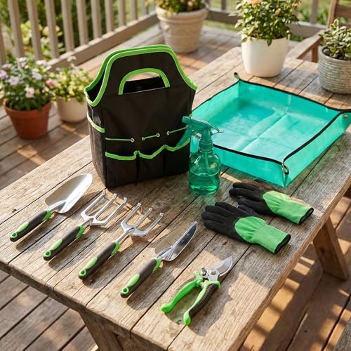 10-Piece Heavy Duty Garden Tool Set with Storage Tote Bag - color: Black Green