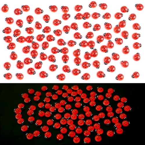 KIMOBER 100PCS Mini Luminous Ladybug Miniature Figurines,Glow in Dark Resin Animals Ladybug Figures for Fairy Garden Micro Landscape Decor Cake Topperr - size: 0.32 x 0.39 inches