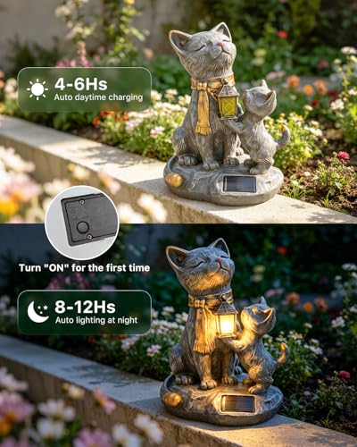 9.8" Solar Cat Resin Garden Statues Outdoor LED Light with Lantern