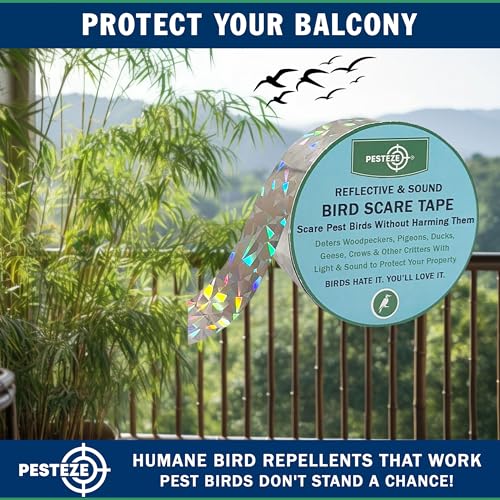 PESTEZE USA Bird Deterrent Reflective Tape–Dual-Sided Holographic Bird Scare Ribbon (1in x 295ft) for Yards, Gardens & Buildings to Repel Nuisance Birds Like Pigeons, Woodpeckers & Geese Without Harm