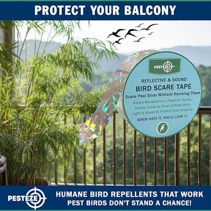 PESTEZE USA Bird Deterrent Reflective Tape–Dual-Sided Holographic Bird Scare Ribbon (1in x 295ft) for Yards, Gardens & Buildings to Repel Nuisance Birds Like Pigeons, Woodpeckers & Geese Without Harm