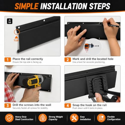 Garage Tool Organizer Wall Mount, Heavy Duty 48 Inch Garage Storage System with Adjustable Hooks, Garden Tool Rack for Shovel Rake Broom Snowboard Shed Organization - size: 48" Alloy Steel