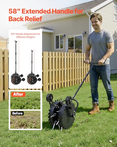 VEVOR Rolling Lawn Core Aerator, 16.6 in Coring Aerator Roller with Anti-Clog Tines, Heavy Duty & Rust-Resistant, Yard Grass Pulling Plugs Manual Aeration Tool for Compacted Garden Soil Loosening