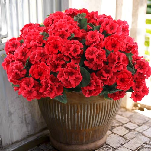 Hananona 6 Pcs Artificial Geranium Flowers for Outdoors Geranium Silk Red Flower Outdoor UV Resistant Garden Plants Faux Flowers for Christmas Home Kitchen Table Centerpieces Decor (6, Red) - color: Red