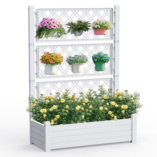 PatioZen Raised Garden Bed with Trellis for Climbing Plants, 43.43" L x 18.27" W x 59.29" H Planter Box with Self Watering Drainage Holes for Outdoor Backyard Patio Balcony, Anti-Rust Resin (Ashen) - color: Ashen, size: 43.43"L x 18.27"W x 59.29"H
