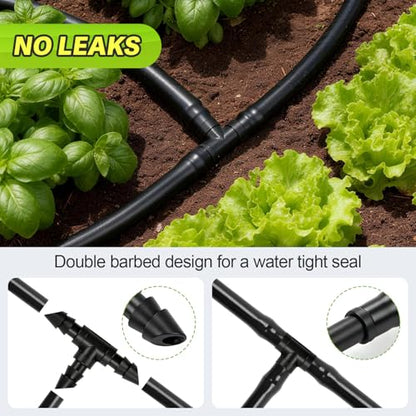 100 Pack 1/4" Drip Irrigation Tee Fittings：1/4'' Drip Line Double Barbed Tee Connectors for 1/4 Inch Irrigation Tubing Quarter Inch 3-Way T Connector for Irrigation System - size: 1/4" Tee-100P