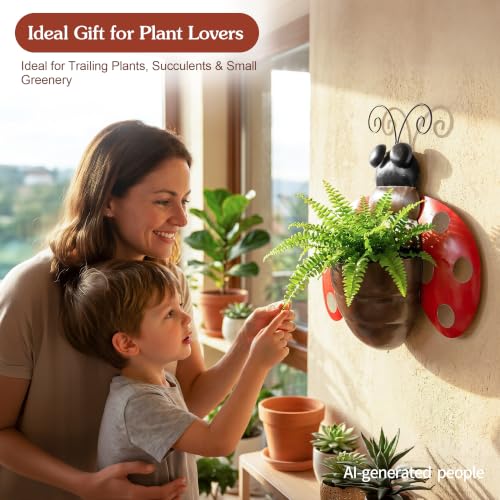 Ladybug Metal Wall Planter, Wall Mount Hanging Succulent Pot with Drainage - color: Red Ladybug