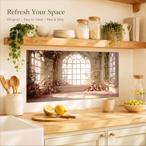 Kitchen Wallpaper 17.3x28 in Rose Garden Arched Window for Backsplash - color: Colorful1281