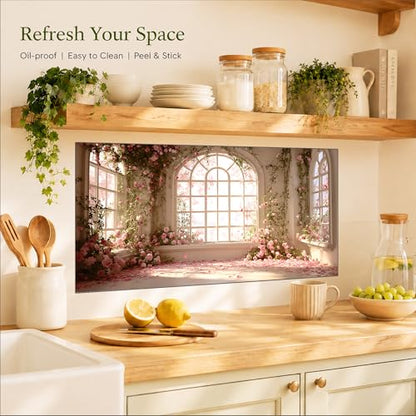 Kitchen Wallpaper 17.3x28 in Rose Garden Arched Window for Backsplash - color: Colorful1281