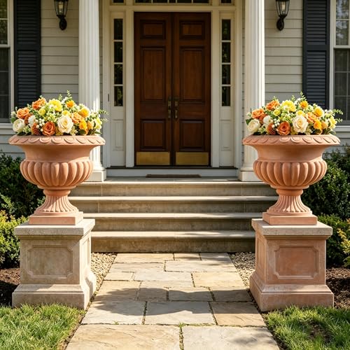 20" H Roman Urn Planter, Weathered Terracotta Finish Flowerpot (Plastic) - color: Terracotta