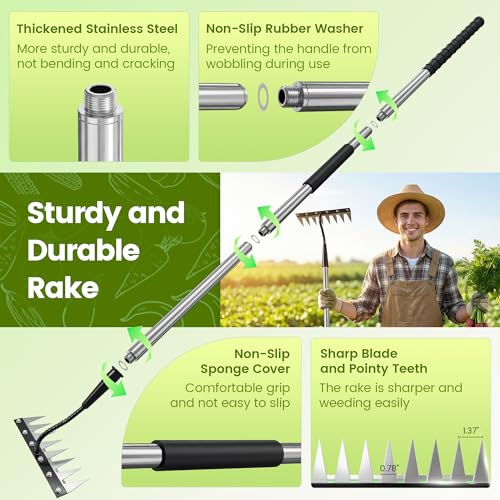 Iron Weeding Rake with Long Handle, Manual Weeder Tool for Garden