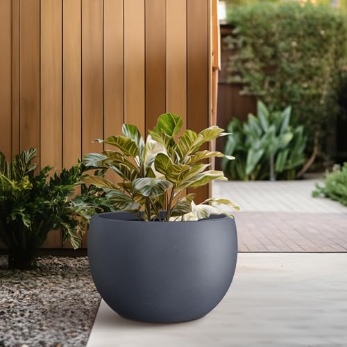 Kante Accent Round Bowl Charcoal Concrete Planter 15.7" Dia, Outdoor - color: Charcoal, size: 15.7" d