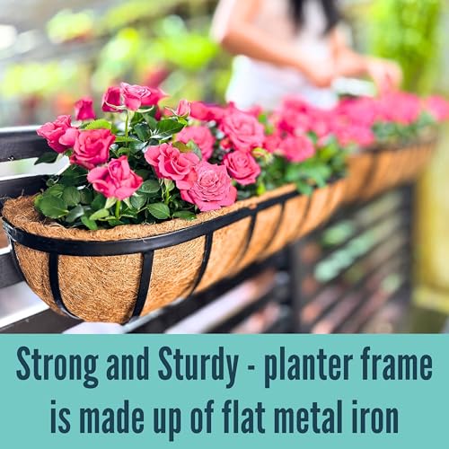 LaLaGreen Railing Planters Box (36", 4 Pack) Black Metal Rectangular Window Flower Box with Coco Liner, Extra Large Wall Hanging Planter for Outdoor Plants Deck Rail Fence Bracket Balcony Porch Decor - size: 36" (91cm) x 4 pack