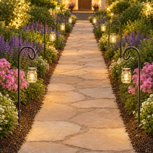 Gtongoko 32 Inch Shepherd Hooks for Outdoor 4 Pack, Adjustable Garden Hooks for Hanging Plants, Lanterns, Solar Lights, Mason Jars & Wedding Decor, Matte Black Decorative Shepherd’s Hooks
