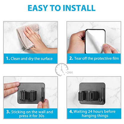 homeasy Broom Holder Wall Mount 4Pcs, Self Adhesive Mop Broom Hanger Black - color: Black