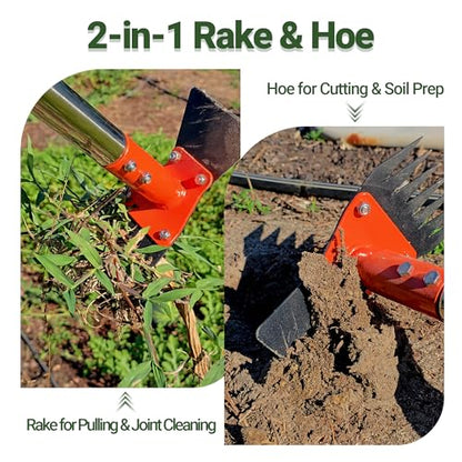 2-in-1 Garden Hoe and Weed Puller Rake 60 Inch Spring Steel Head - size: 60" Adjustable Handle
