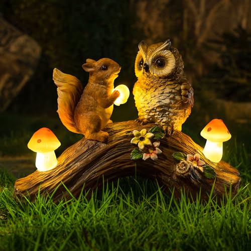 Solar Owl Garden Statues Outdoor Decor Resin Owl Squirrel Figurine with Mushroom Lights for Patio Lawn Yard Decorations Christmas Birthday Housewarming Gardening Gifts for Women Mom - color: Owl Squirrel on Log