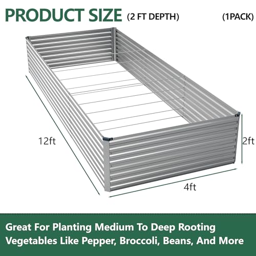Vengarus 12x4x2ft Galvanized Raised Garden Bed,Metal Raised Beds Kit Silver - color: Silver, size: 12x4x2 ft