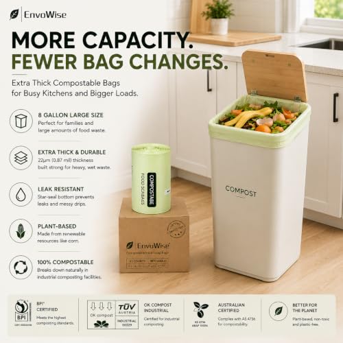 Compostable Trash Bags, 8 Gal (30L), 60 Ct, Extra Thick 0.87 Mil