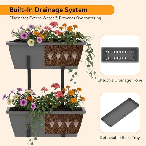 CADUKE 4 Pack Railing Planters, 16.9" Hanging Window Planters, Fence Flower Pots with Drainage Holes and Trays, Gray - color: Gray