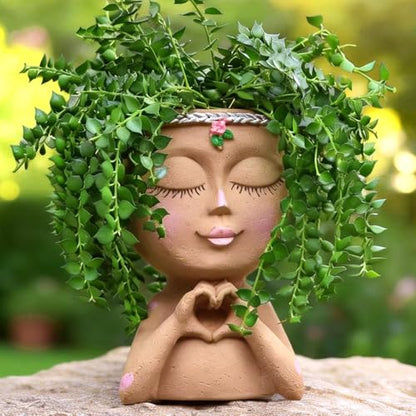Face Planter Pot with Heart Hands Indoor Plants Resin Head Planter, Brown - color: Brown