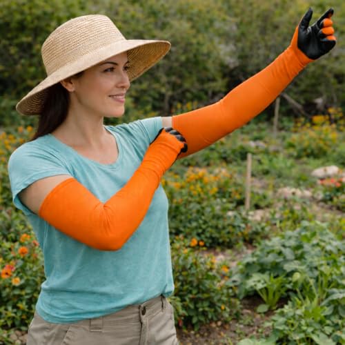 Long Sleeve Gardening Gloves Nitrile-Coated No Slip Grip Cut Proof - color: Orange, size: Small