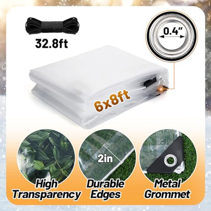 6x8ft Anti-Tear Clear Tarp Waterproof, 5 mil, Windproof & Snowproof - size: 6 x 8 ft