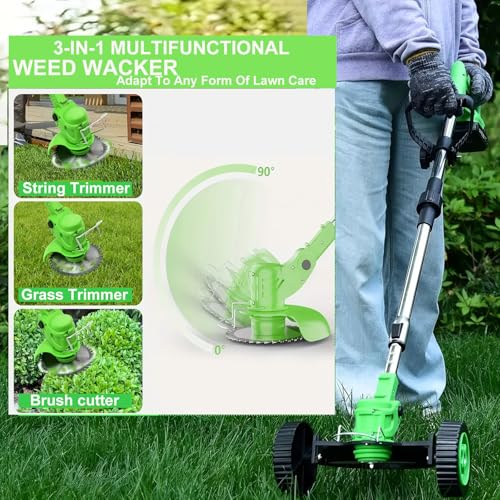 Cordless Weed Wacker with Wheels,Electric Weed Eater Battery Powered - color: Green