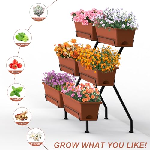Vertical Garden Planter 3 Tier Vertical Raised Garden Bed Standing Garden Planters with 6 Container Boxes Elevated Garden Planters Indoor Outdoor Herb Planter for Flowers Vegetables Plants, Brick Red - color: Brick Red
