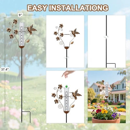 shumi Rain Gauge Outdoor, 7" Hummingbird Rain Gauge for Garden Decor