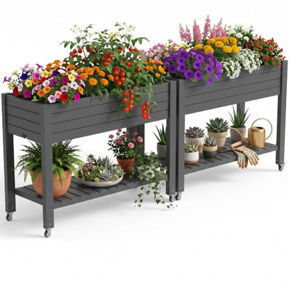EFU 2PCS Raised Garden Beds Outdoor, with Wheels & Extra Storage Shelf