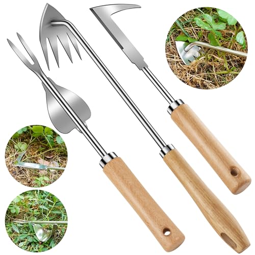 3 Pack Weed Puller Tool, Stainless Steel Crack Weeder Tool, Uprooting Weeding Tool, Paving Brick Moss Removal, L-Shape Gardening Crack Sickle Lawn Edger and Driveway Weeding Tools Gardening