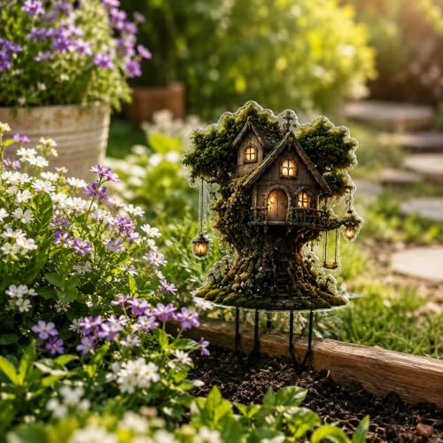 Garden Stakes, 2D Acrylic Enchanted Tree House Decorative Stake, Lantern Swing Outdoor Ornament for Patio Planters Flower Beds Landscaping Decor - color: Tree House