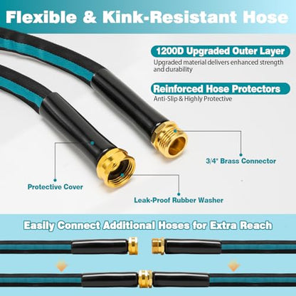 100FT Garden Hose, Kink-Free Non-Expandable Flexible Water Hose with 10-Pattern Spray Nozzle, Lightweight Leakproof Flat Hose with 3/4” Solid Brass Connector for Yard, Lawn & Outdoor Use - size: 100FT