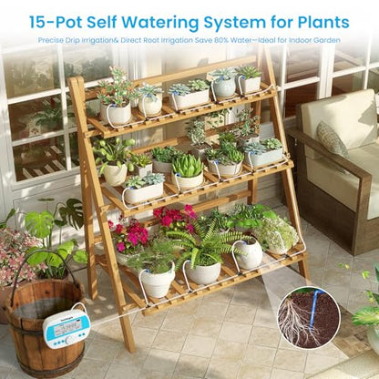 Sainlogic Smart Self-Watering System for 15 Potted Plants, Automatic Plant Waterer with Humidity Display, Deep Root Irrigation, IP64 Programmable Timer, for Vacation, Travel and Indoor Gardens