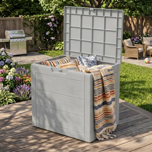35 Gallon Outdoor Deck Box with Lid, Waterproof Lockable Resin Storage Container Bench for Patio Cushions, Pool Toys, Garden Tools, and Porch Packages Delivery, Grey - color: Grey, size: 35 Gallon