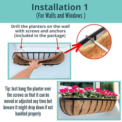 LaLaGreen Fence Wall Planter (36 in, 4 Pack) Black Window Boxes for Flowers - size: 36" x 4