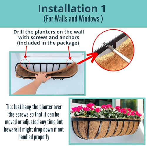 LaLaGreen Rectangular Wall Planter (24 in, 2 Pack) Black Metal Window Box - size: 24" x 2
