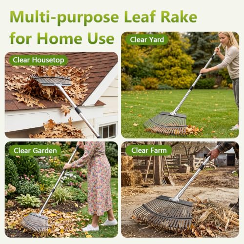 Adjustable Leaf Rake, Lightweight 18" Wide Garden Rake, 62" Long Handle