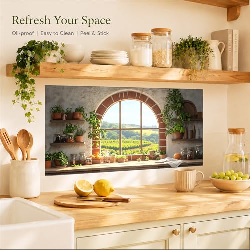 Kitchen Wallpaper 17.3x28 in Vineyard Window Herb Garden for Backsplash - color: Colorful1273