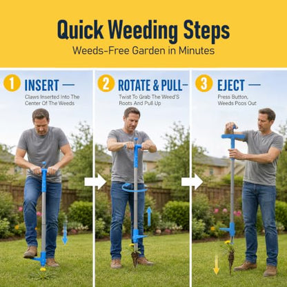 PASAMIC Stand Up Weed Puller Tool with Long Handle, 40In Weeding Tool with 3-Claw Steel Tip & Ejector Button, Royal Blue
