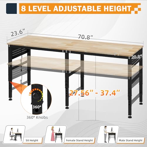 72" Adjustable Heavy Duty Workbench with Power Outlets & Pegboard - size: 72 INCH/Power outlets