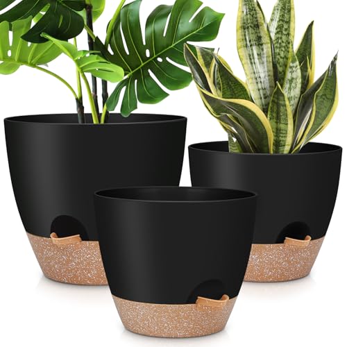 YNNICO 12" 10" 9" Large Self Watering Plant Pots, 3 Pack Flower Pots Planters with Multi Mesh Drainage Holes for Indoor Outdoor Garden Plants and Flowers (Black) - color: Black, size: 12+10+9 Inch