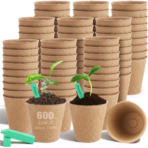 FillTouch 600 Pack 4" Peat Pots Round Biodegrade Plant Starter Seed Nursery Pots with 120 Labels for Garden Germination - size: 3.94 Inch